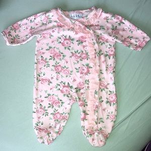 Pink Floral Button Snap Footie w/ frill detailing